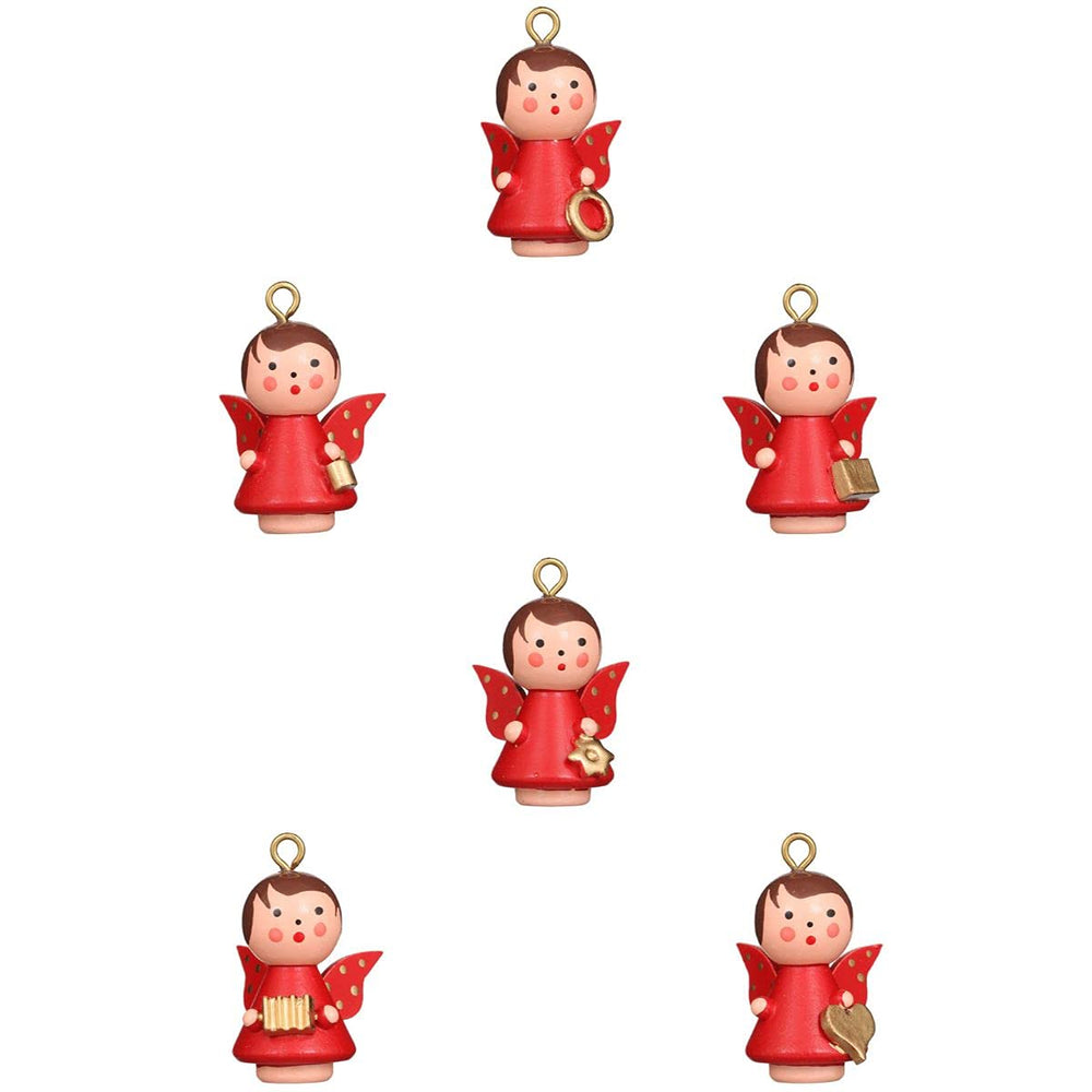 A set of red angel figurines of different sizes, each featuring unique designs and vibrant colors.