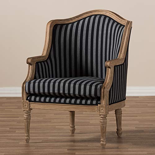 Charlemagne Traditional French, Wood,Black and Grey Striped Accent Chair