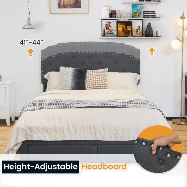 Full Grey Linen Adjustable Headboard 4-Drawer Bed