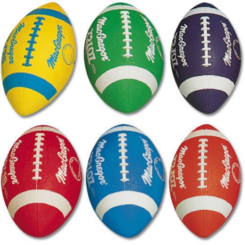 A collection of six footballs in different colors, each featuring the word football prominently on their surface.