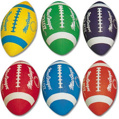 A collection of six footballs in different colors, each featuring the word football prominently on their surface.