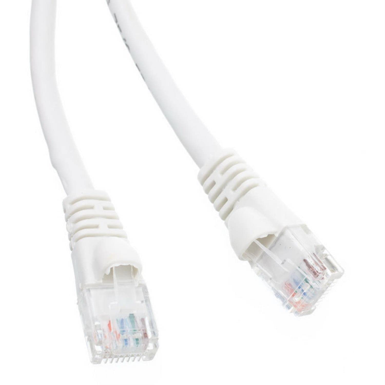 A white Ethernet cable displaying two exposed wires, illustrating its internal structure and connectivity function.