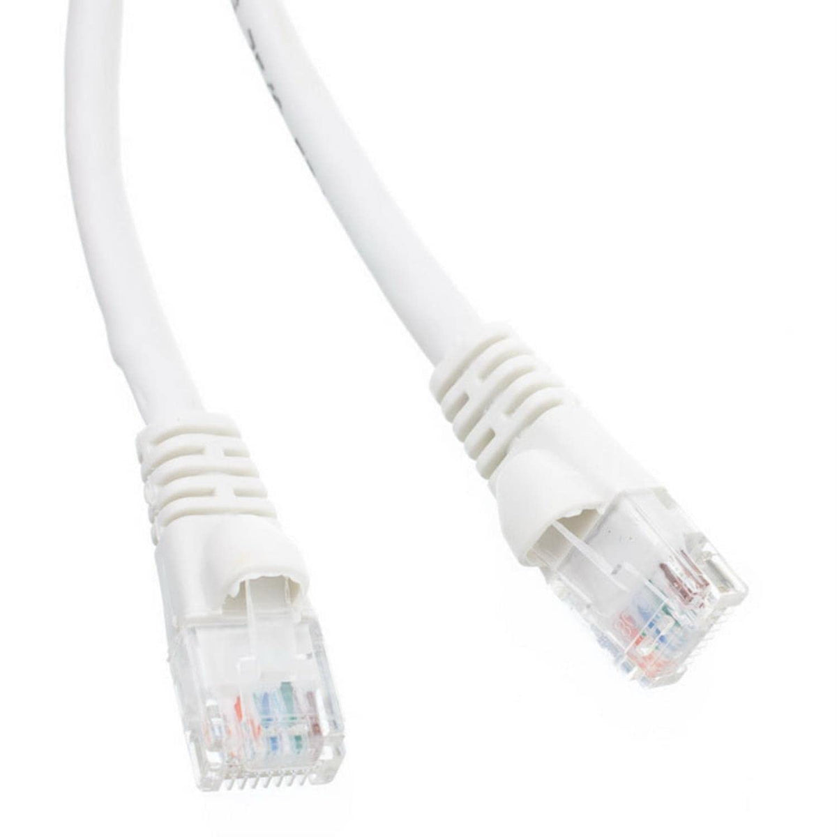 A white Ethernet cable displaying two exposed wires, illustrating its internal structure and connectivity function.