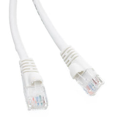 A white Ethernet cable displaying two exposed wires, illustrating its internal structure and connectivity function.