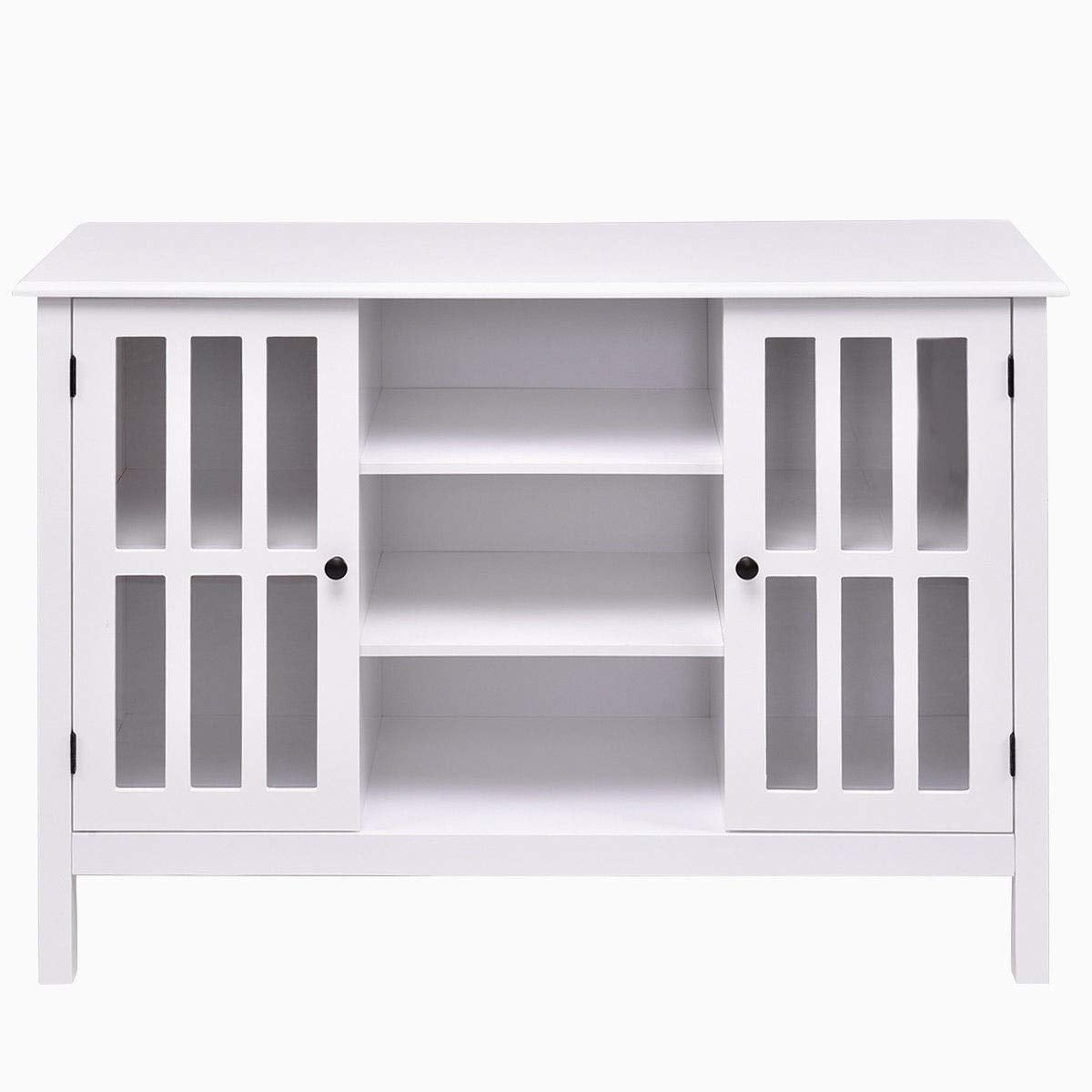 A sleek white entertainment center with two doors, providing a modern storage solution for media devices.