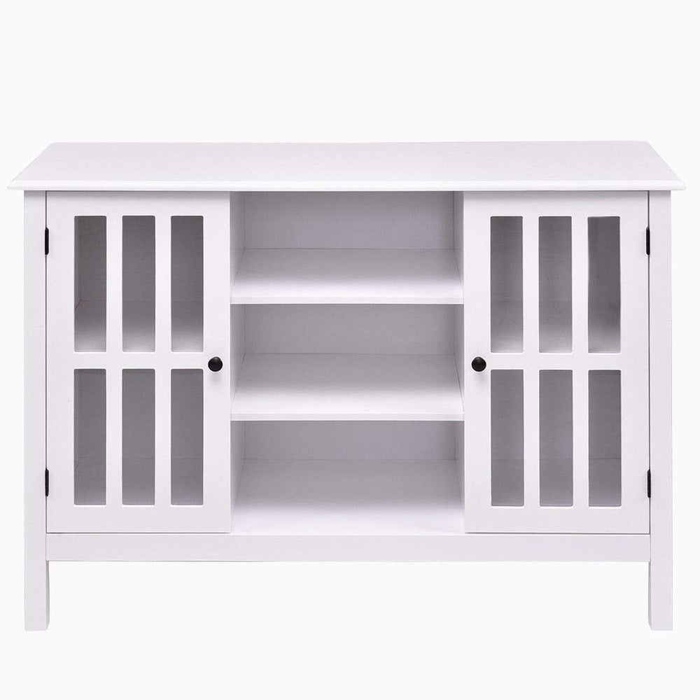 A sleek white entertainment center with two doors, providing a modern storage solution for media devices.
