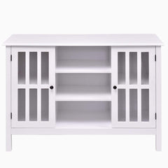 A sleek white entertainment center with two doors, providing a modern storage solution for media devices.