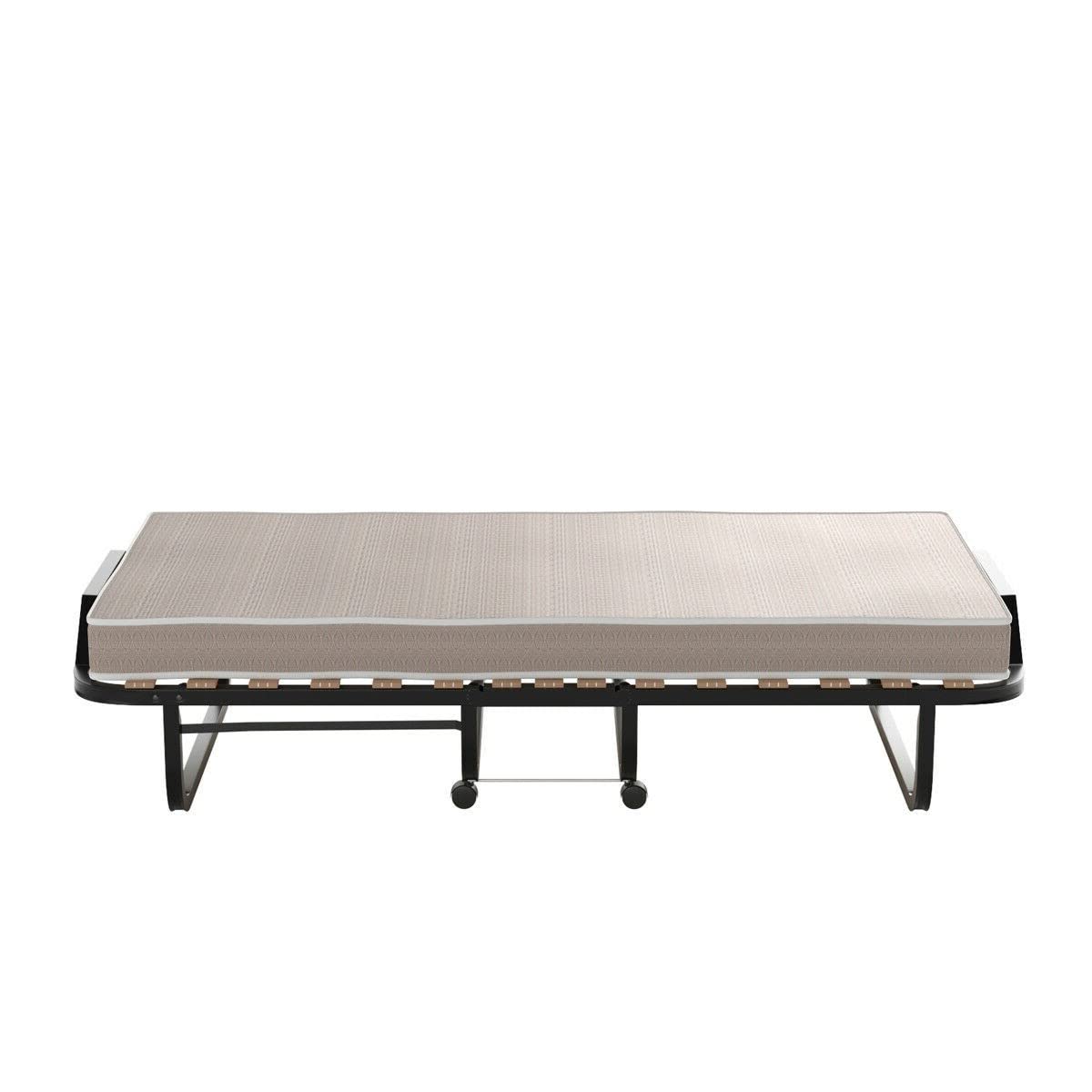 A bed composed of a mattress placed on a sleek metal frame, emphasizing modern design and functionality.