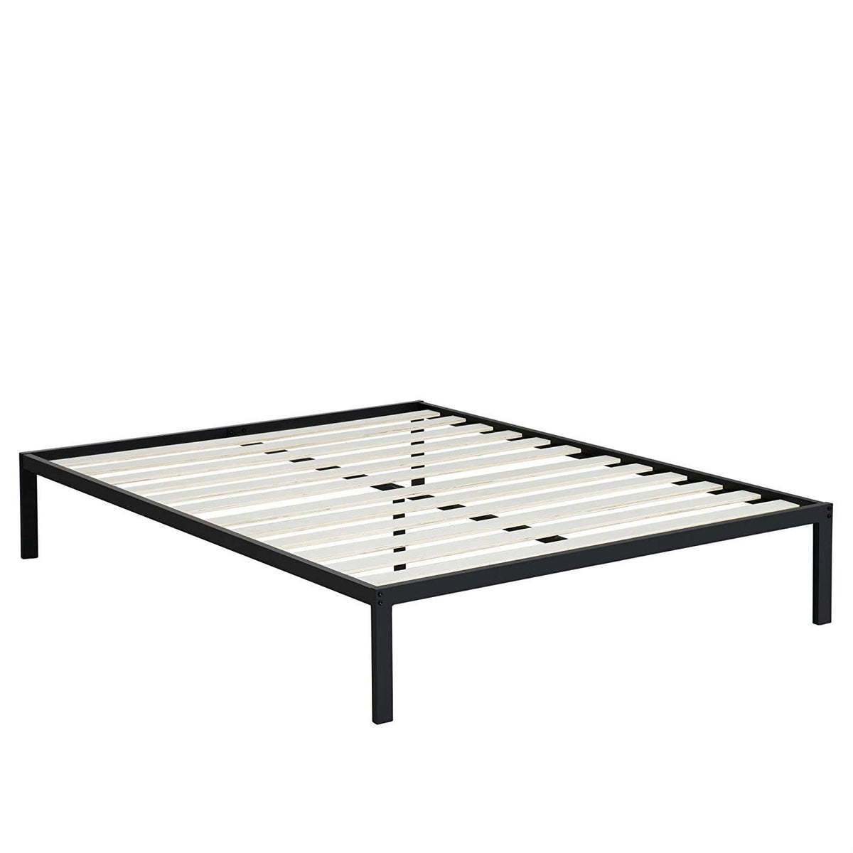 A black metal bed frame featuring slats, designed for support and style in a modern bedroom setting.