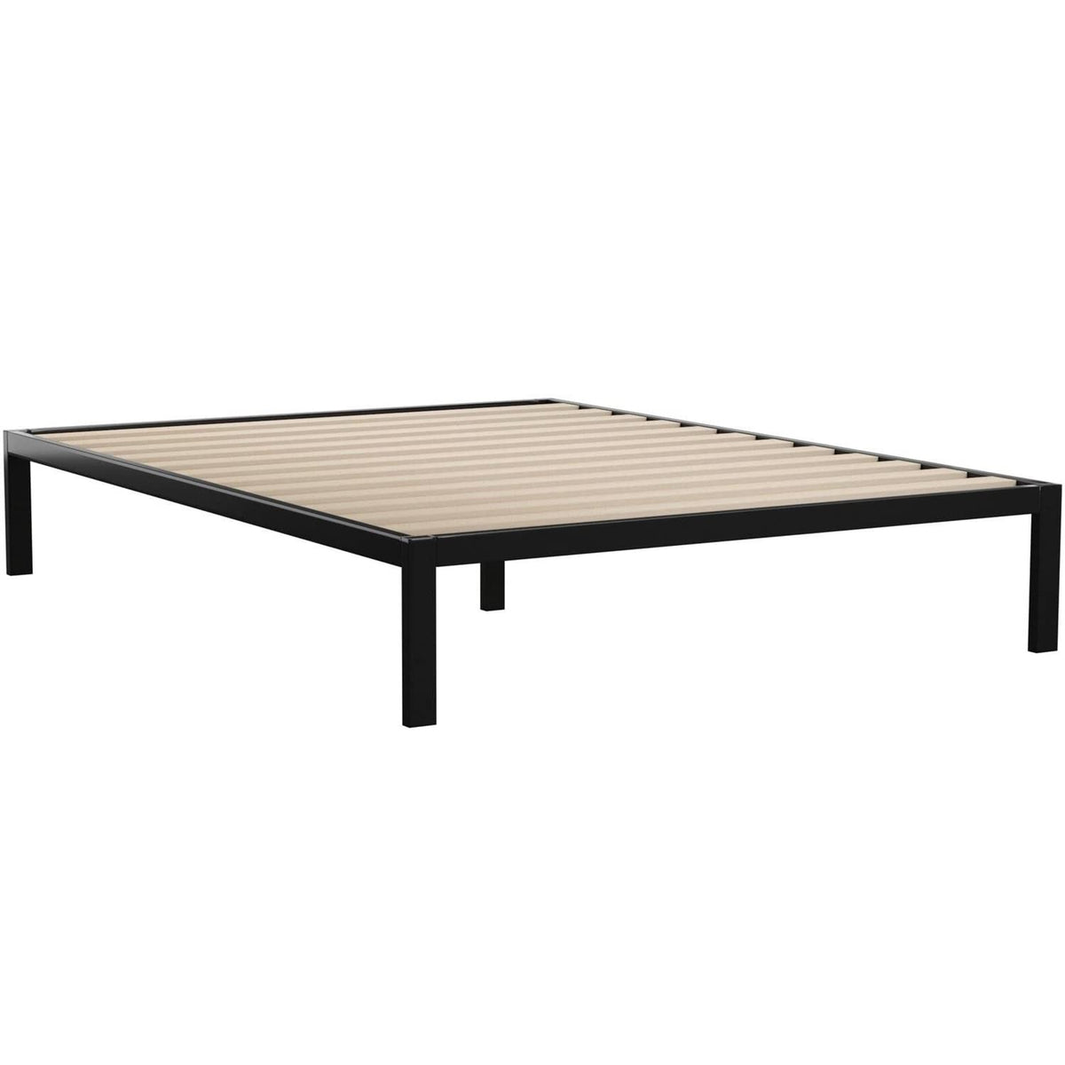 A black metal bed frame featuring a wooden slat top, showcasing a modern and minimalist design.