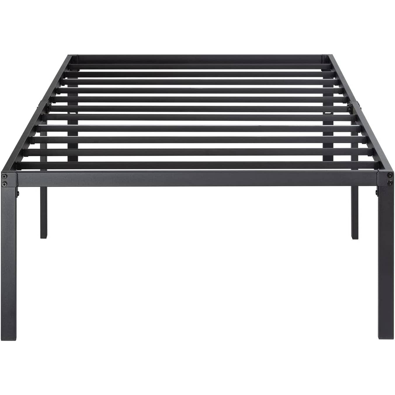 A sturdy metal bed frame featuring a sleek black finish, designed for modern bedroom aesthetics.