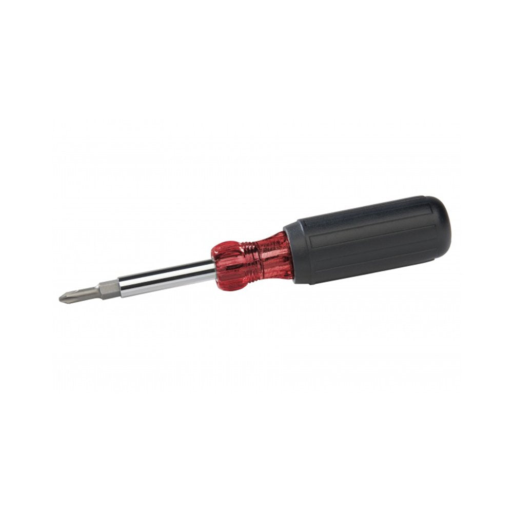 A screwdriver with a red and black handle, suitable for use in different types of assembly and repair work.