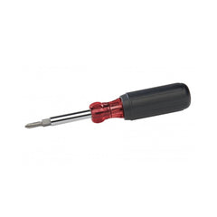 A screwdriver with a red and black handle, suitable for use in different types of assembly and repair work.