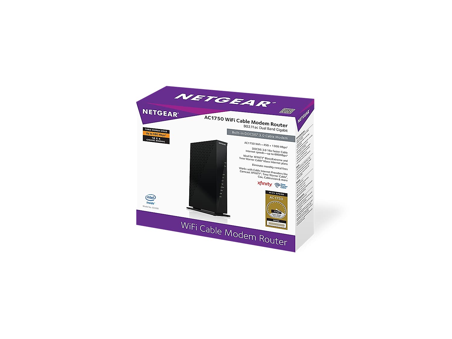 Cable Modem WiFi Router Combo C6300 | Compatible with Cable Providers Including Xfinity by Comcast, Spectrum, Cox for Cable Plans Up to 400Mbps | AC1750 WiFi Speed | DOCSIS 3.0