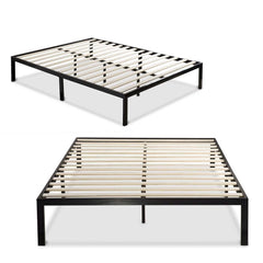 Two black metal bed frames featuring slats, displayed in a spacious bedroom setting.