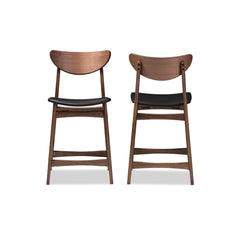 Baxton Studio 2 Piece Latina Scandinavian Style Faux Leather Upholstered Walnut Counter Stool Set, 24", Black