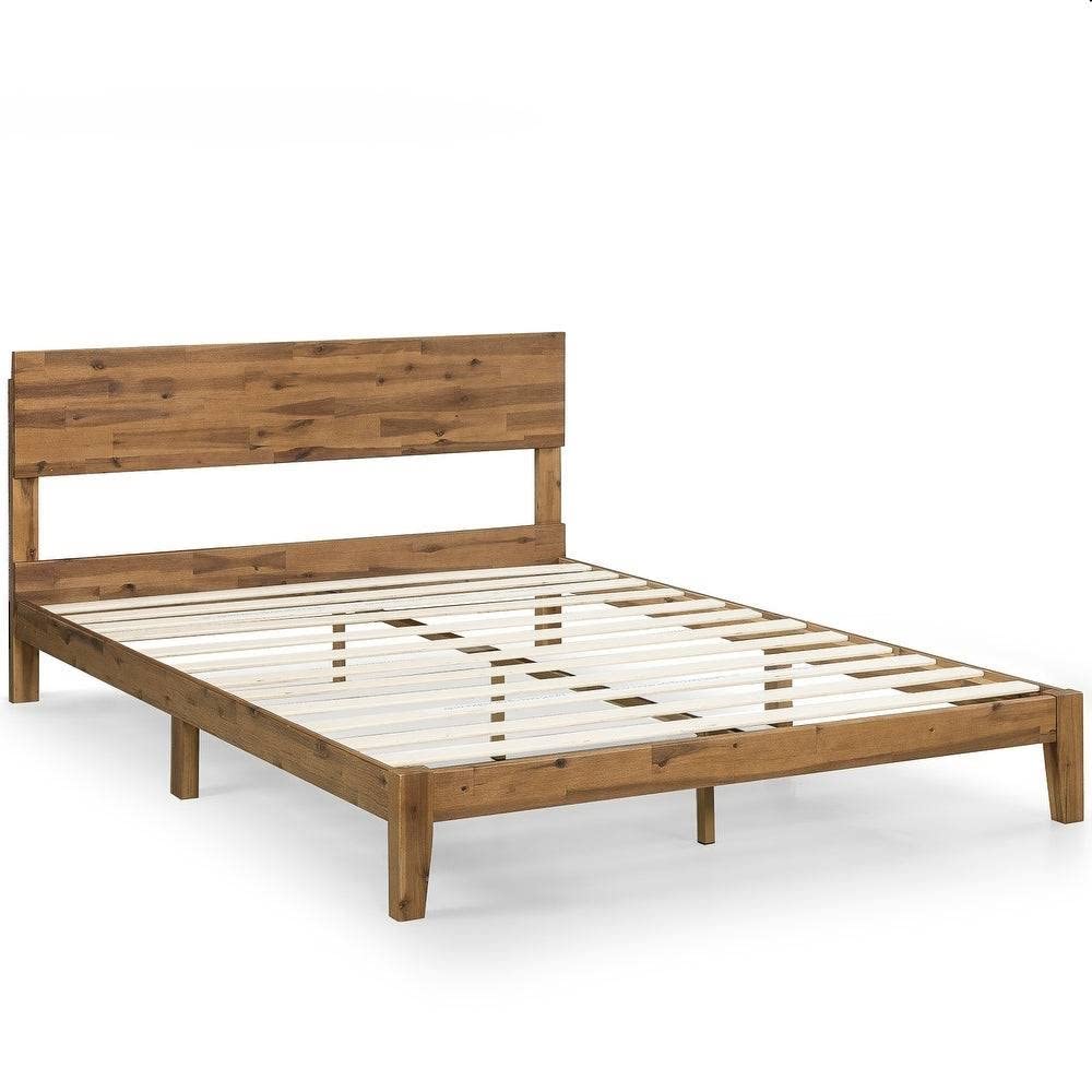 A bed frame constructed with wooden slats and a wooden headboard, emphasizing a classic and durable aesthetic.