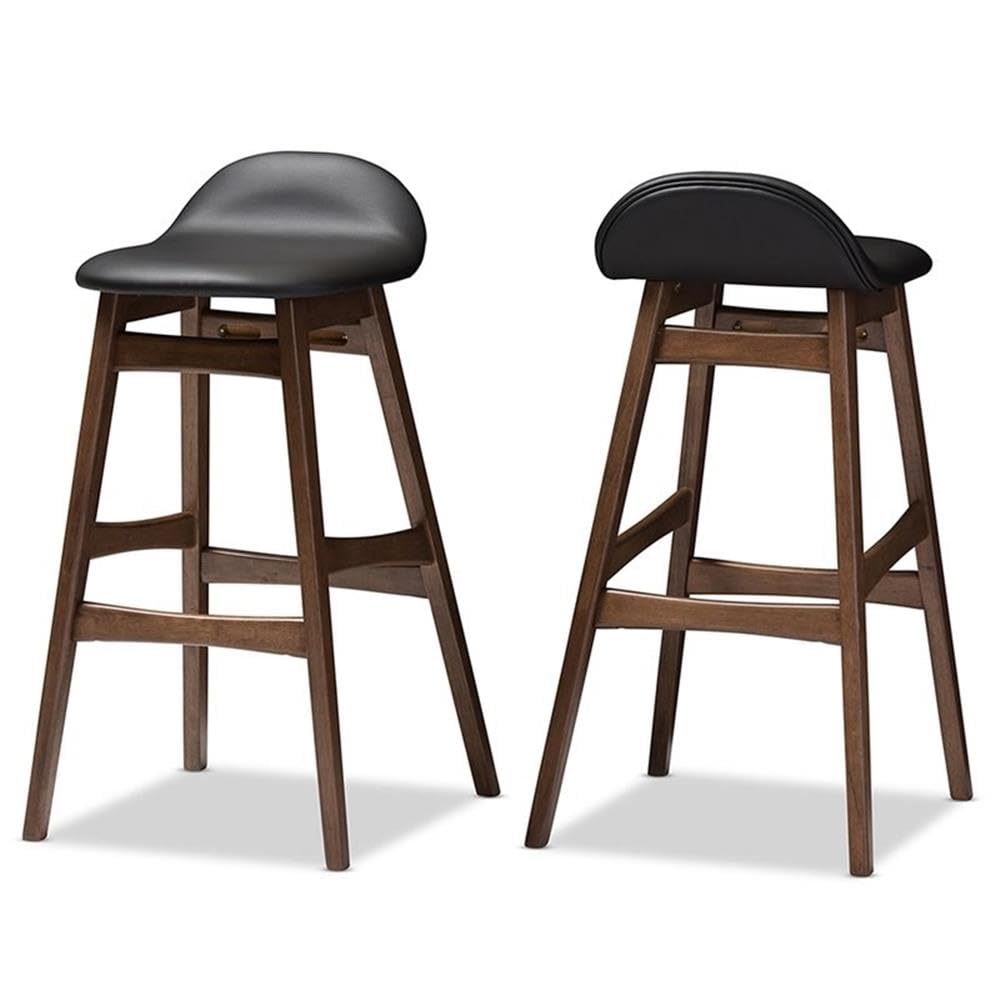 Baxton Studio 2 Piece Bloom Scandinavian Style Faux Leather Upholstered Walnut Barstool Set, 30", Black