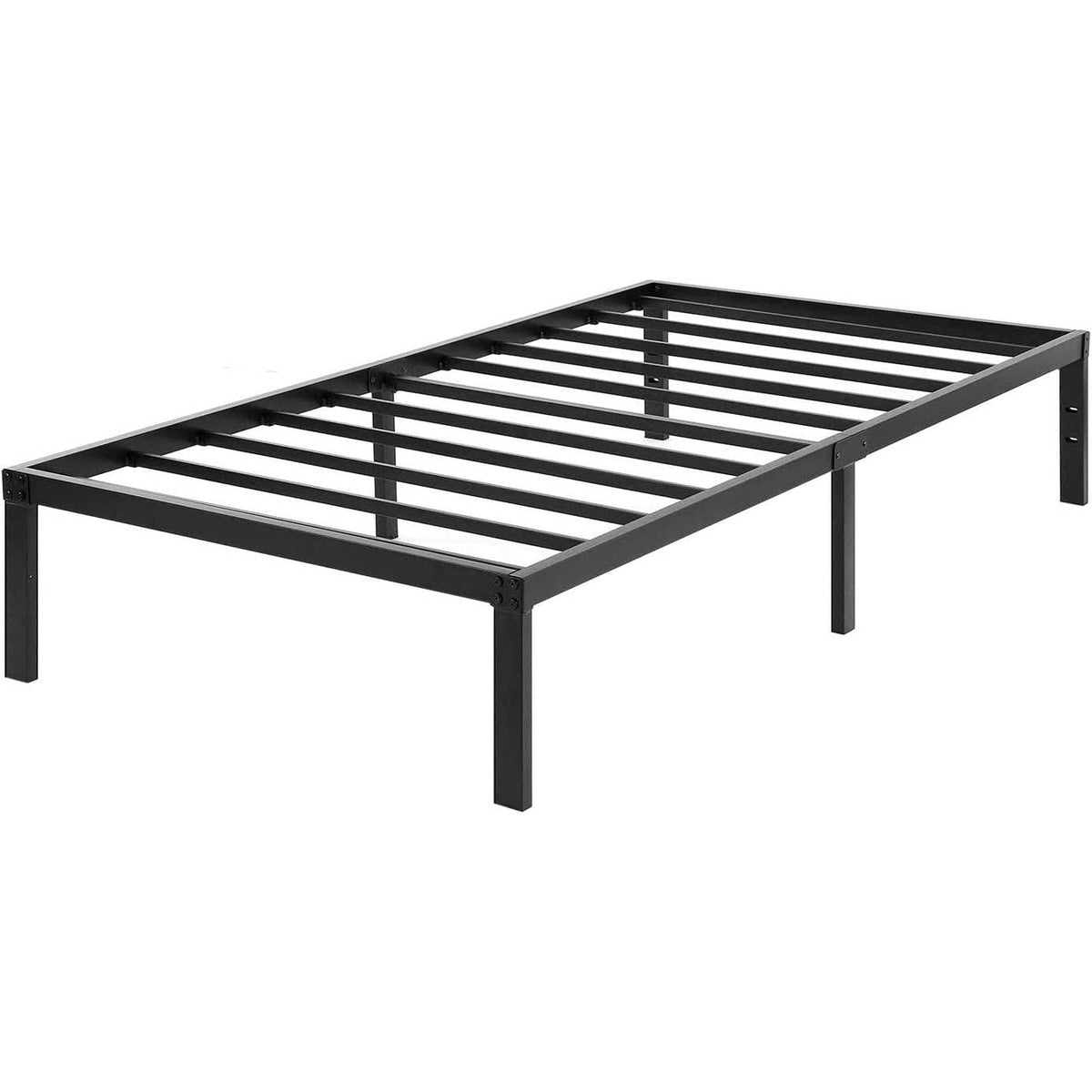 A sleek metal bed frame with evenly spaced slats designed for mattress stability and airflow.