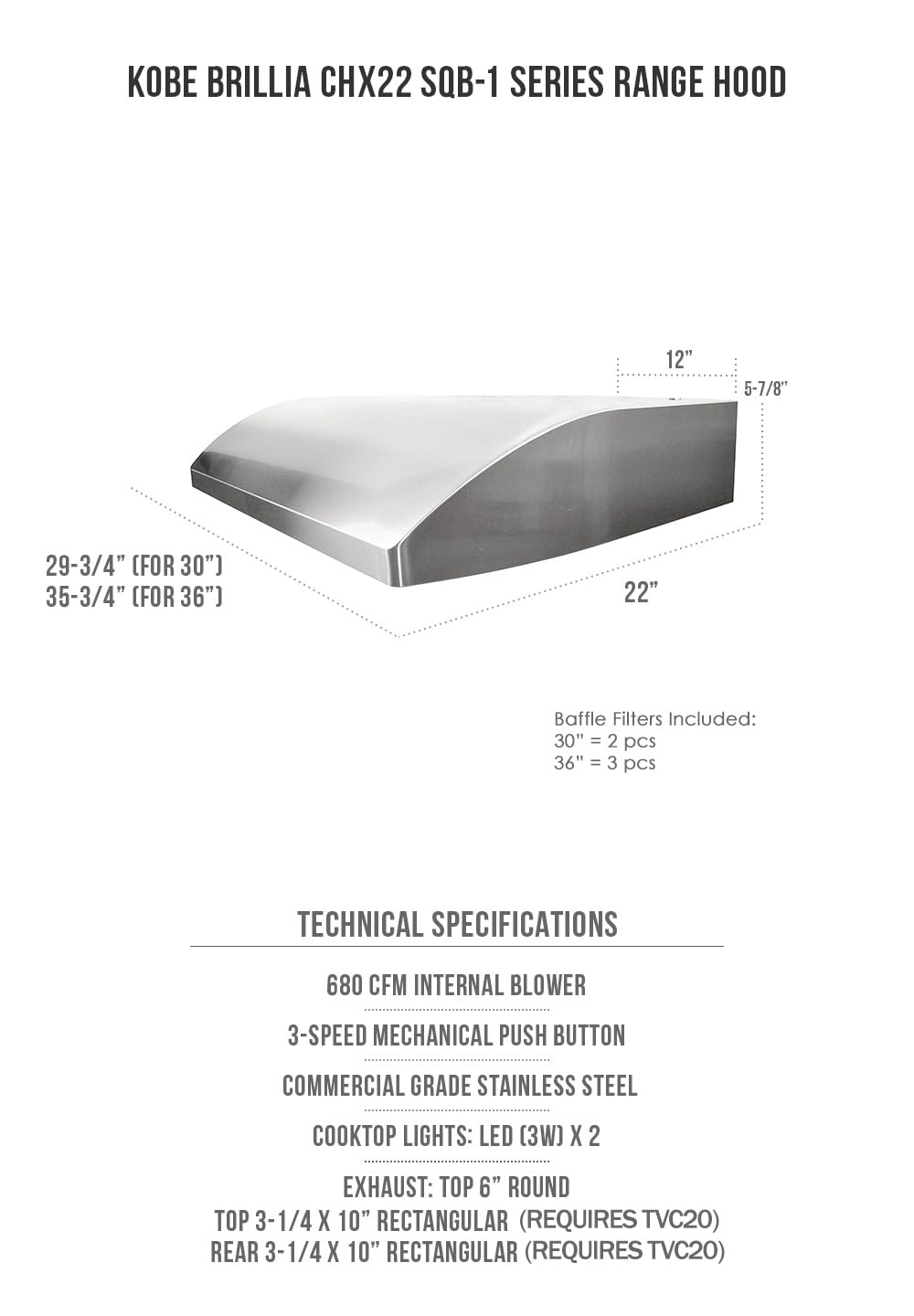 CHX2230SQB-1 Brillia 30-inch Under Cabinet Range Hood, 3-Speed, 680 CFM, LED Lights, Baffle Filters, Stainless Steel