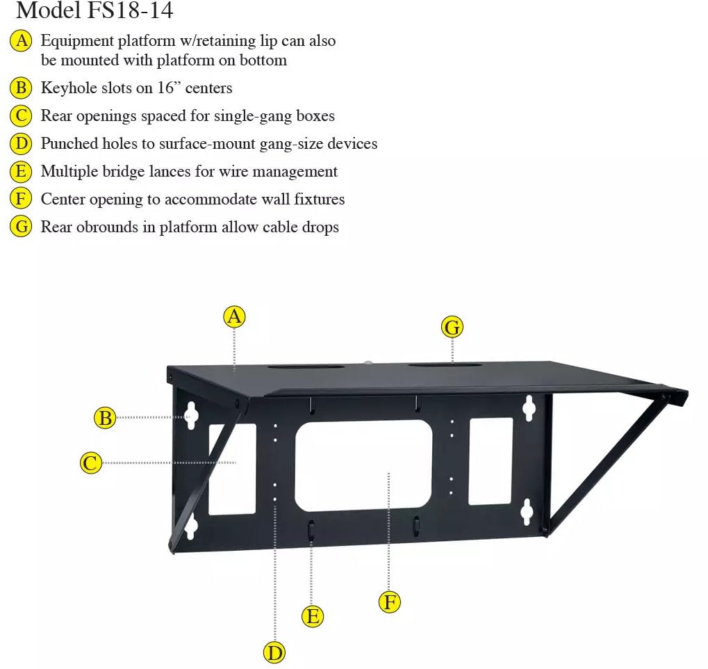 Lowell FS18-14 Hinged Wall Shelf, 18Inchx14Inch, 16G Steel, Black, Cable-Friendly