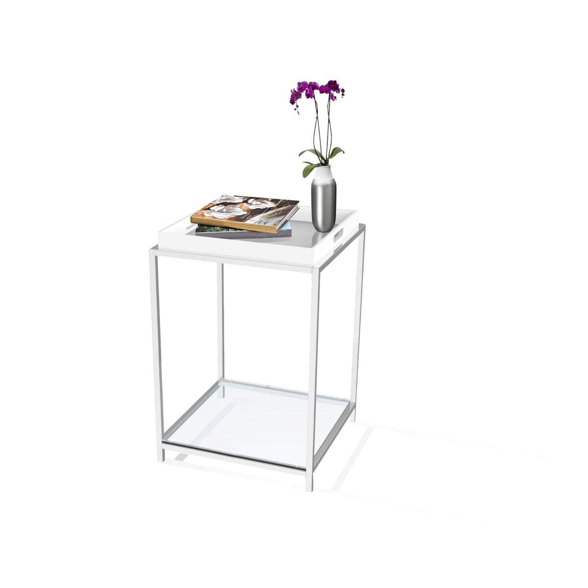 A white side table with a flower vase placed on top, adding a touch of decor to the setting.