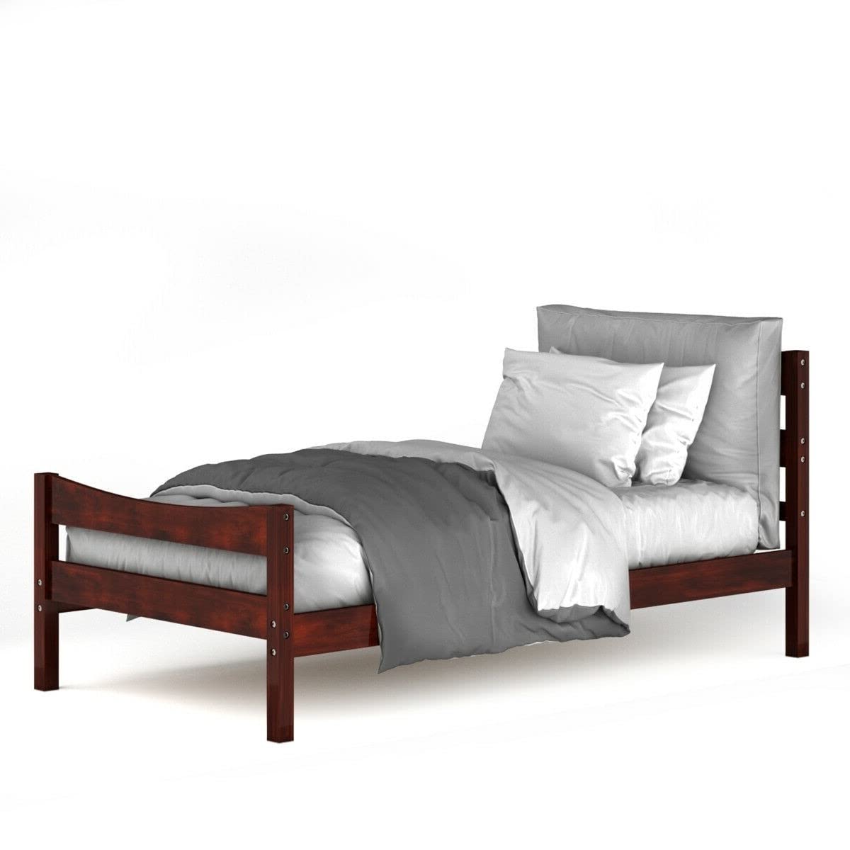 A bed featuring a wooden frame, topped with smooth gray sheets.
