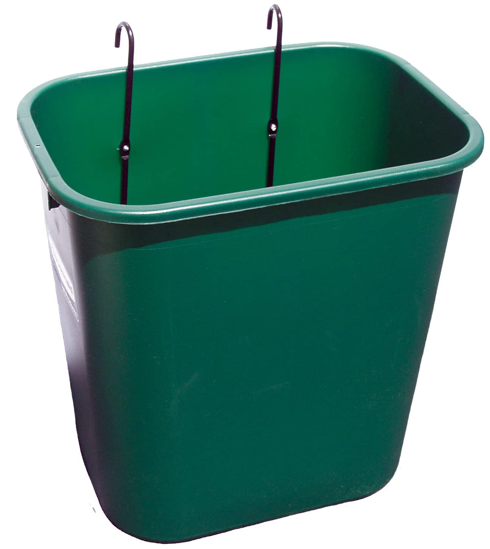 A green plastic trash can equipped with two side hooks for convenient storage or hanging purposes.
