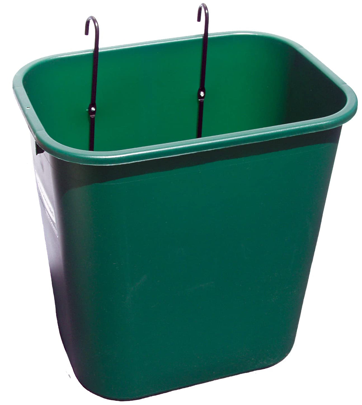 A green plastic trash can equipped with two side hooks for convenient storage or hanging purposes.