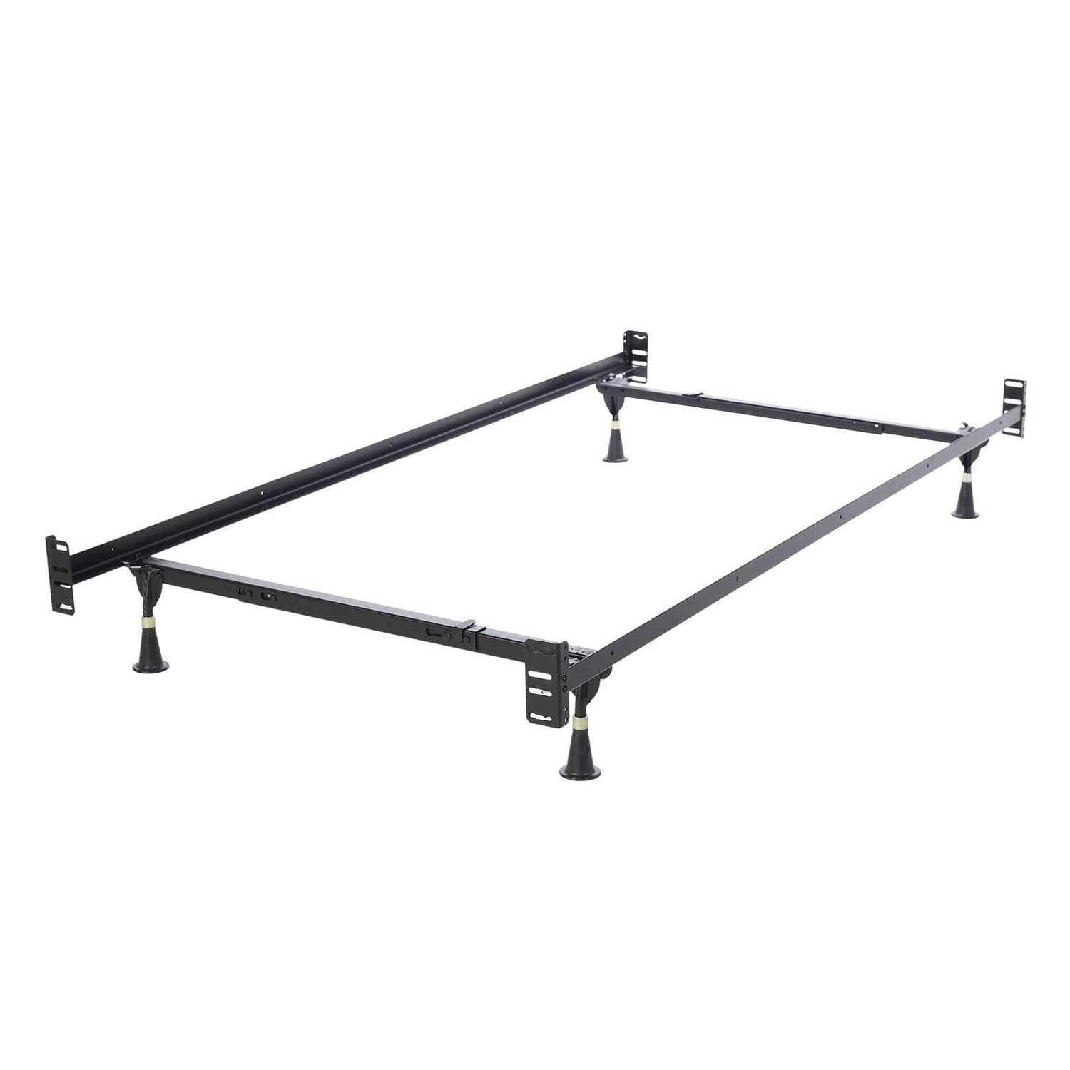 A metal bed frame featuring two sturdy legs, designed for support and stability in a bedroom setting.