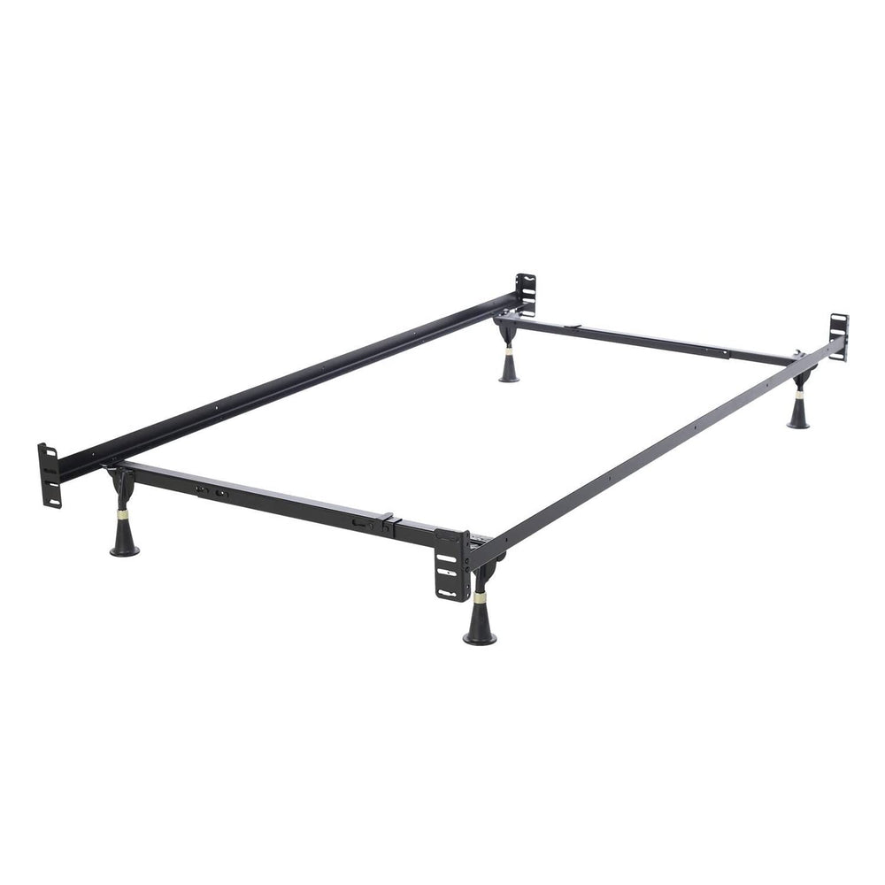 A metal bed frame featuring two sturdy legs, designed for support and stability in a bedroom setting.