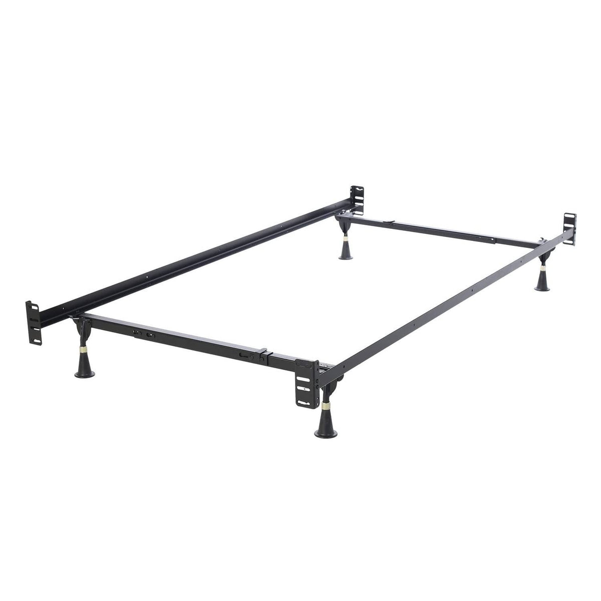 A metal bed frame featuring two sturdy legs, designed for support and stability in a bedroom setting.