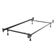 A metal bed frame featuring two sturdy legs, designed for support and stability in a bedroom setting.