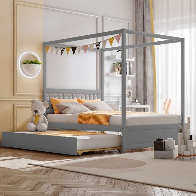 Fast Furnishings Gray Full Canopy Bed w/ Twin Trundle
