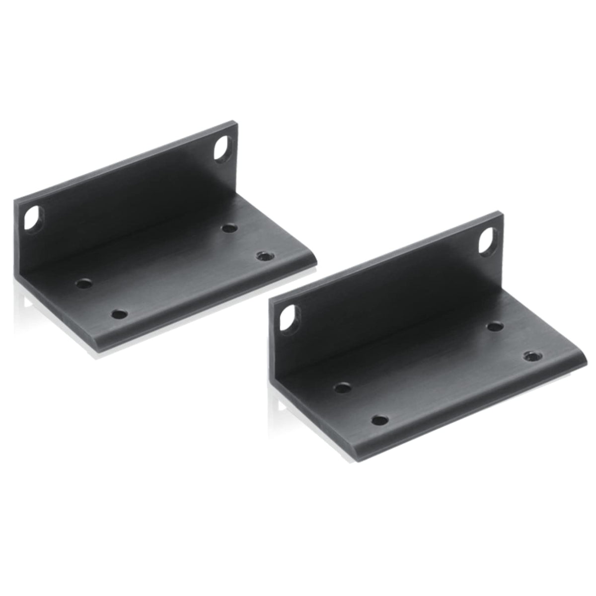 A pair of black metal brackets intended for computer mounting.