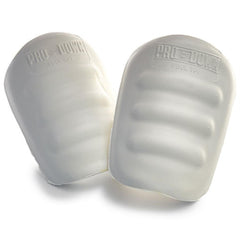 A pair of white knee pads resting on a white background, highlighting their color and shape.