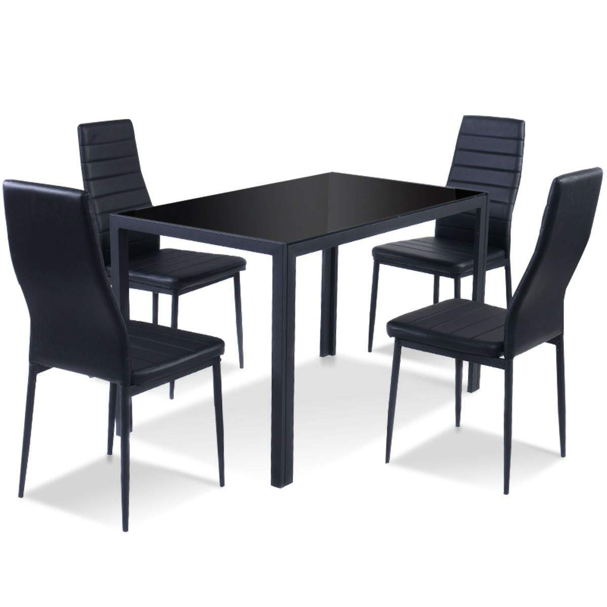 A sleek black dining table with four elegant chairs arranged around it, creating a modern dining space.