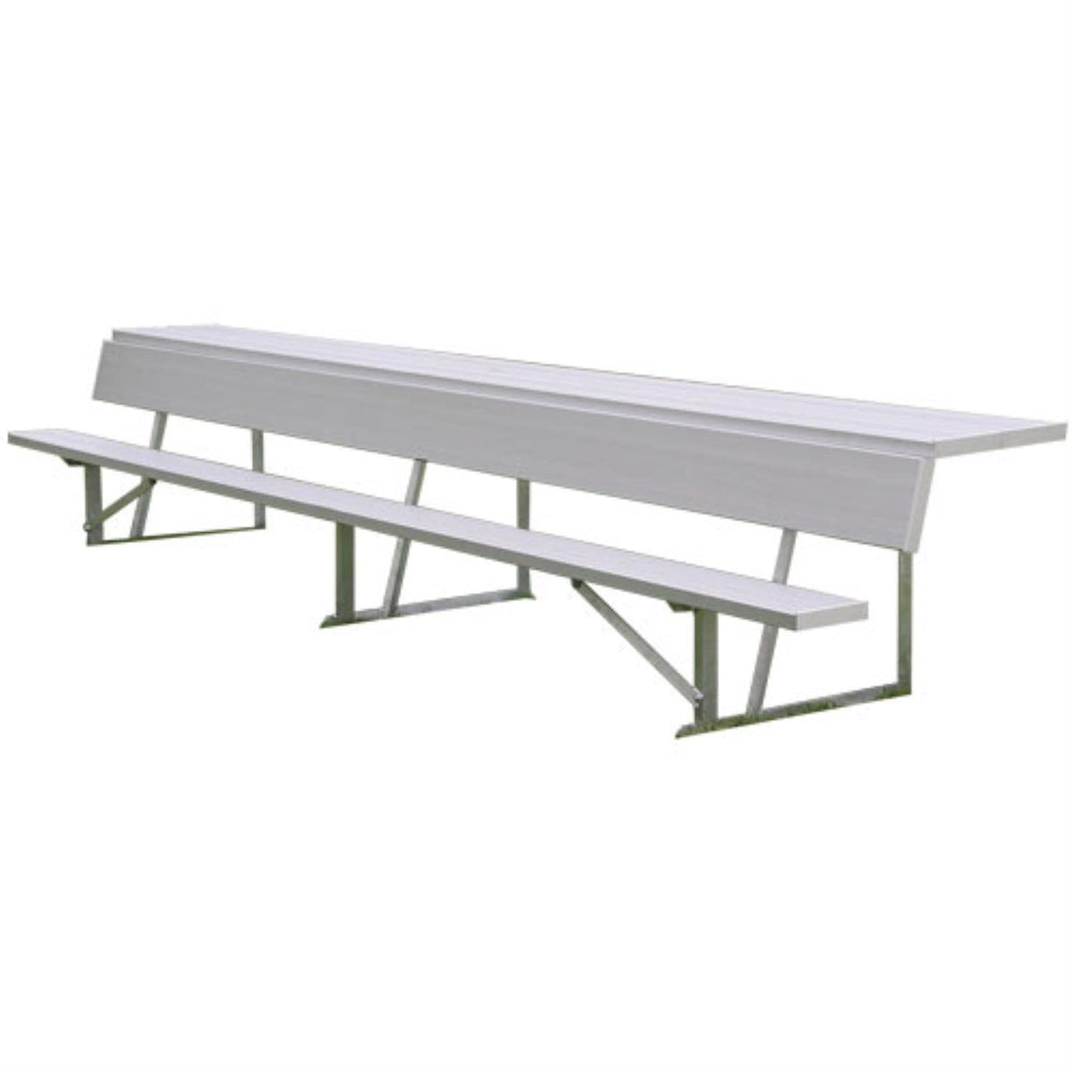 A white bench with a matching white table placed on top, set against a neutral background.