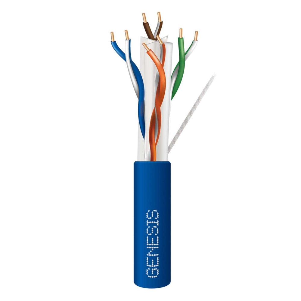 A blue and white cable revealing several colored wires, indicating a range of functions or connections.