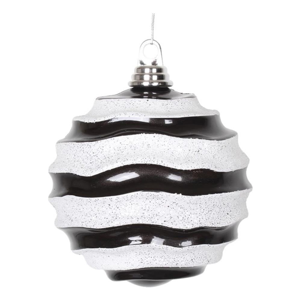 6 Inch Christmas Ornament Wave Ball, Black and White Stripe Candy Finish with Glitter Accents, Shatterproof Plastic, Holiday Christmas Tree Decoration