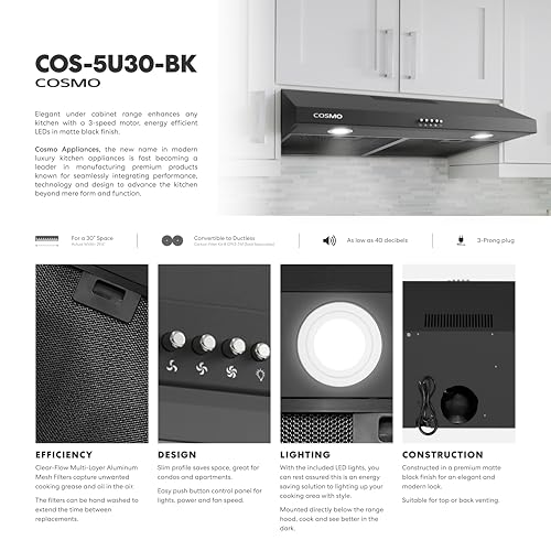 COS-5U30-BK 30 in. Delta Collection Ducted Under Cabinet Range Hood, Button Controls, Reusable Filters, LED Lights in Matte Black, 30 inch (Slim)