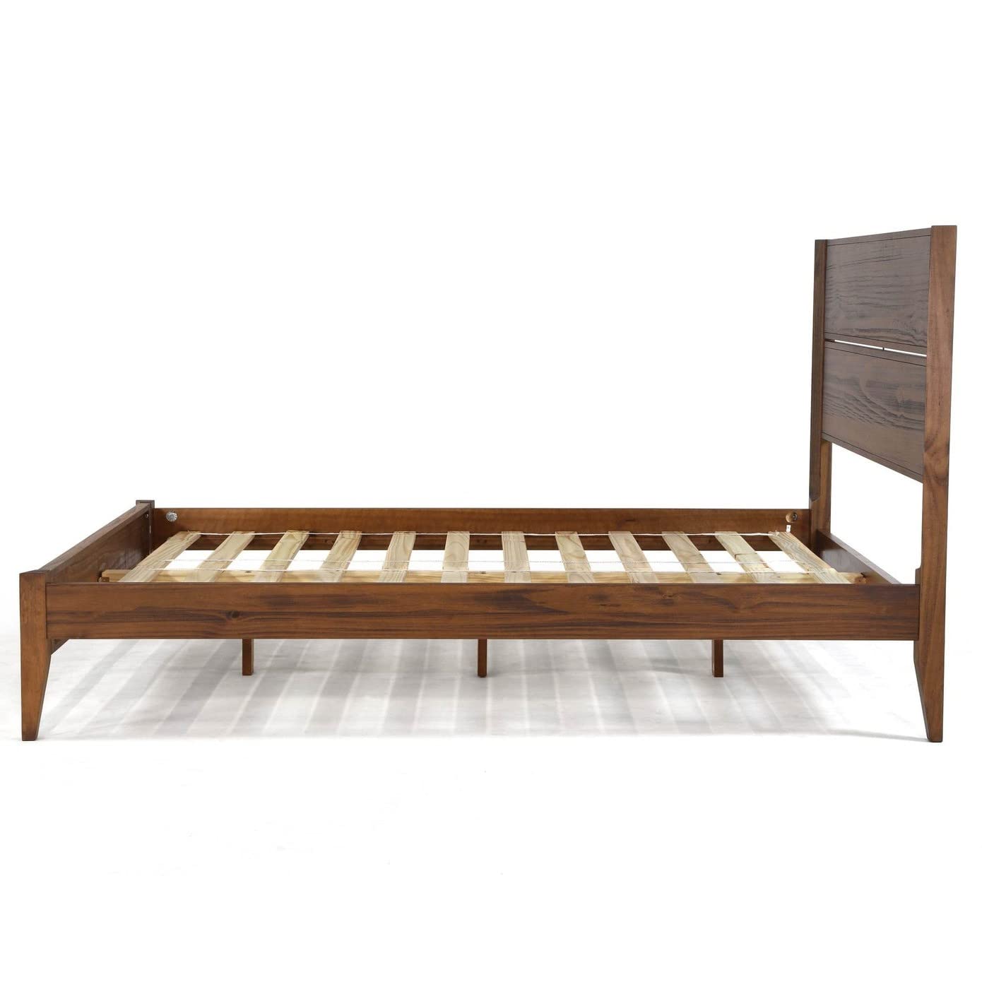 Queen Rustic Walnut Mid-Century Slatted Platform Bed