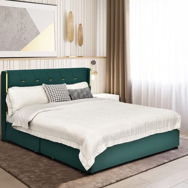 Full Green/Gold Linen Headboard 4-Drawer Storage Bed