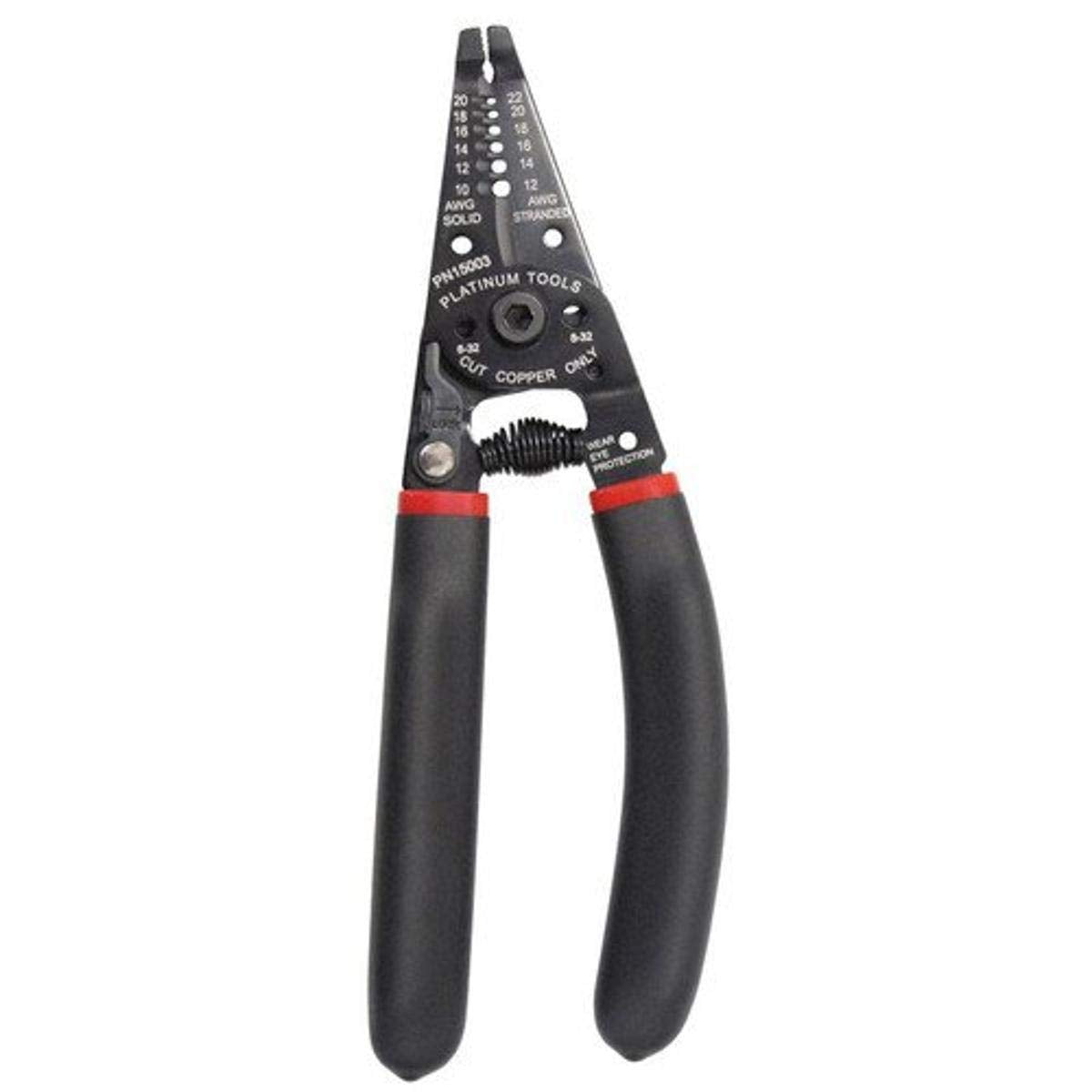 Pliers with contrasting red and black handles, shown in a close-up view.