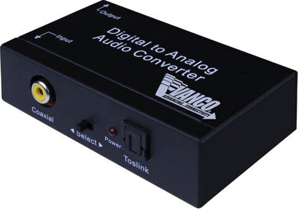 A digital to analog audio converter, featuring ports for connecting digital devices to analog audio systems.