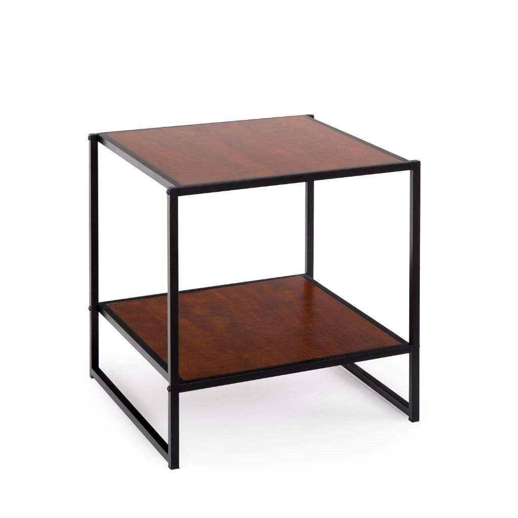A square table made of wood with a sturdy black metal frame, ideal for contemporary interiors.