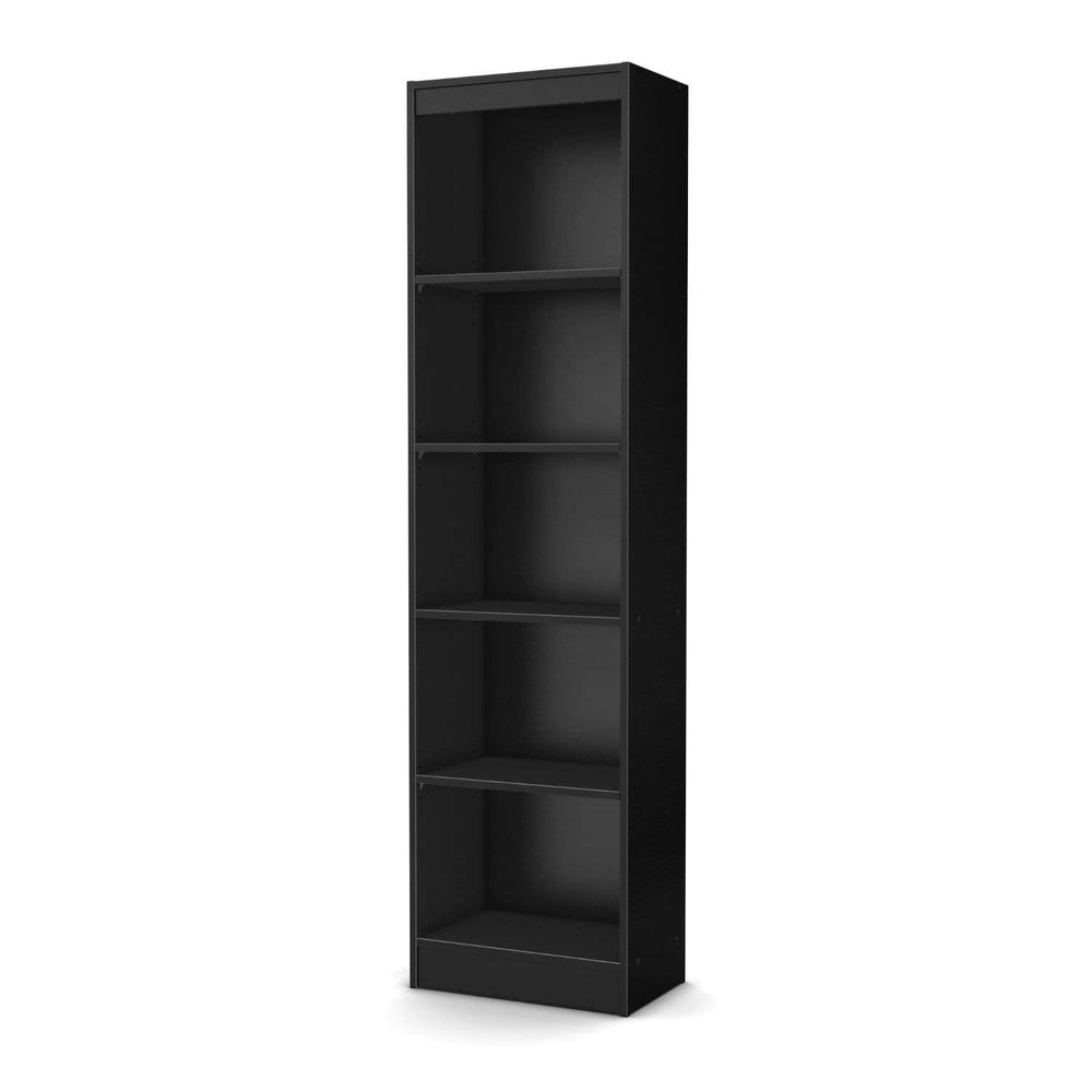 A black bookcase featuring four shelves, designed for storage and display of books and decorative items.