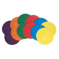 Six vibrant colored discs displayed against a white backdrop.