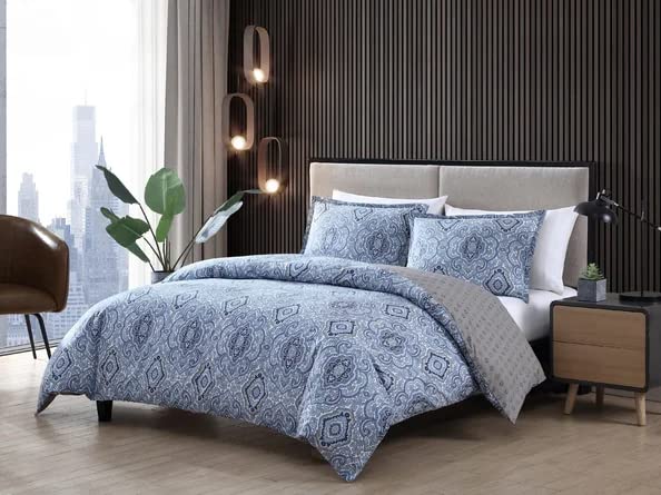 King 3-Pc Cotton Comforter Set Blue Grey Damask