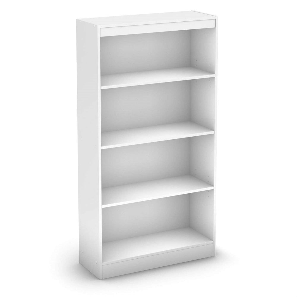  A white bookcase with three shelves displayed against a plain white background.
